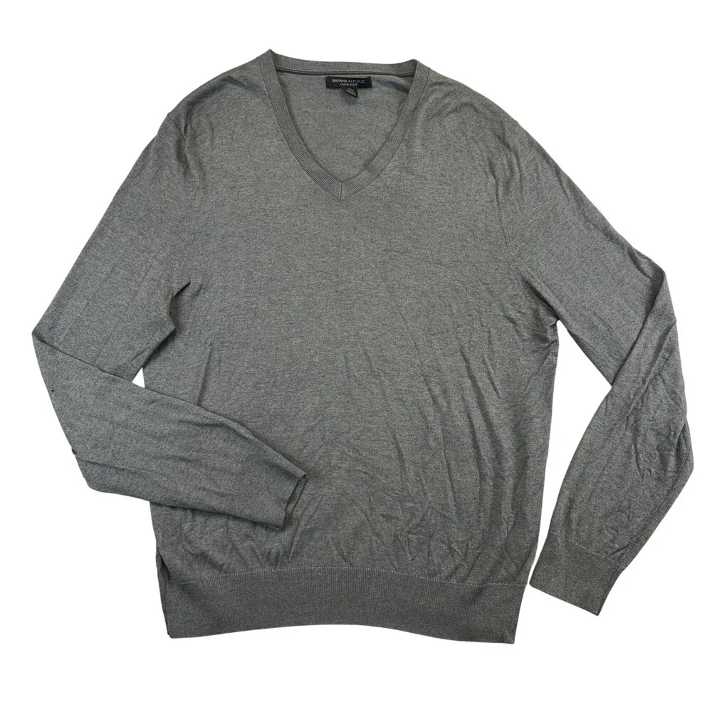 Banana Republic Sweater Mens Large Gray Silk Cotton Cashmere V Neck Pullover
